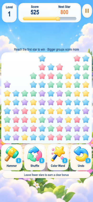 A real Stellumi Star Pop board with colorful stars and four boosters